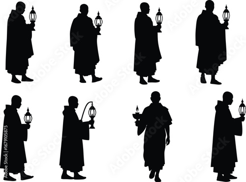 Mystic robed figures holding ornate lanterns, ceremonial procession silhouettes, spiritual ritual poses, monastic cloaked characters, flame bowl bearer, vector illustration