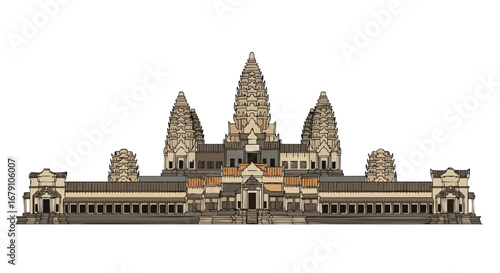 Stylized rendition of Angkor Wat, iconic Khmer temple showcasing intricate architecture and cultural heritage, isolated on a white background