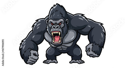 Ferocious Cartoon Gorilla Character Ready for Action, Showing Aggressive Posture, Illustration displaying an intimidating primate, with a