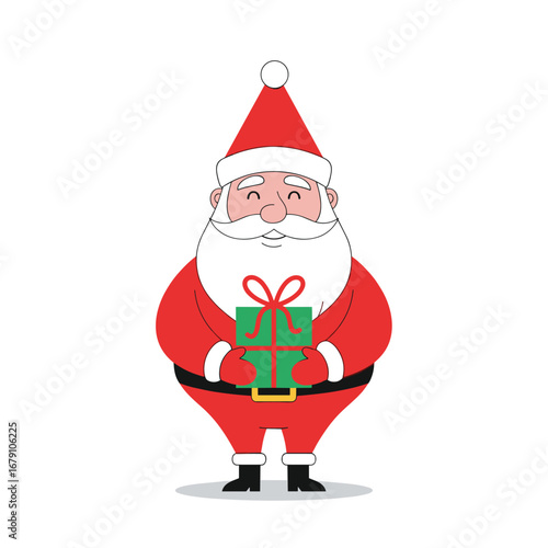Cheerful santa claus holding a green gift box with a red ribbon