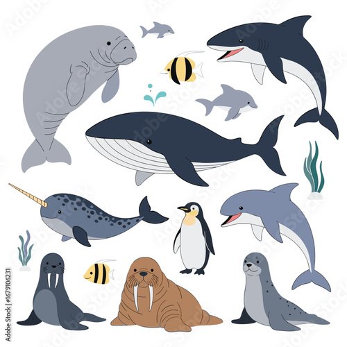 Marine mammals collection featuring whales dolphins narwhal penguin seal walrus and manatee underwater creatures