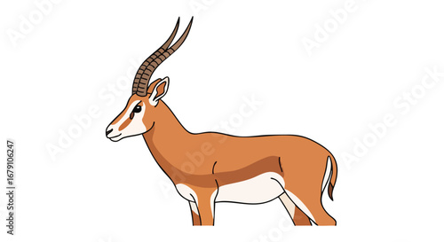 Elegant cartoon representation of a gazelle with spiraling horns, set against a pristine white backdrop showcasing its grace and charm through