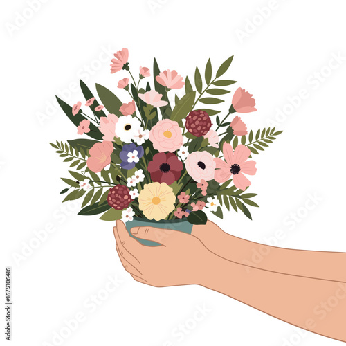 Beautiful handcrafted bouquet of wild flowers in a decorative pot