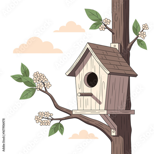 Charming wooden birdhouse attached to a tree branch with blossoms and clouds in the background