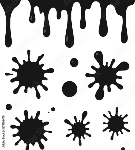 Isolated a kinds of deferent Dripping oil stain. Liquid ink, paint drip and drop of drippings stains watercolor splash, blood or sauce spray. Black drips resin inked drops Vector art color with white 