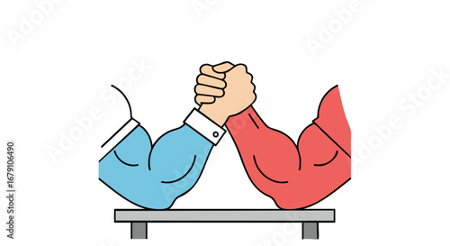 Illustrative depiction of an arm wrestling match symbolizing competition strength determination and rivalry using bright colors and a simple graphic