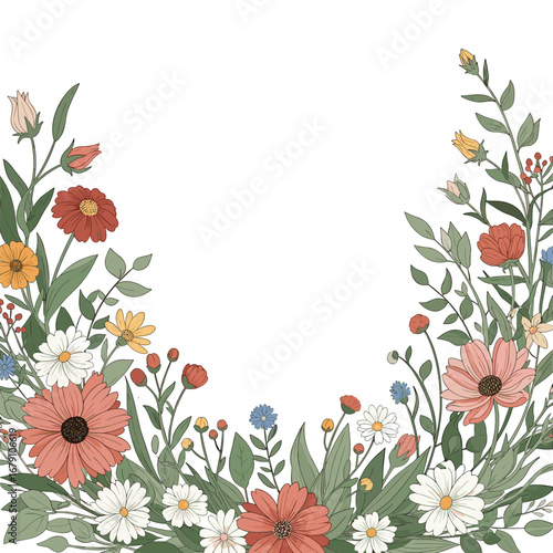 Beautiful bouquet of wildflowers and greenery adorning the border of a white background
