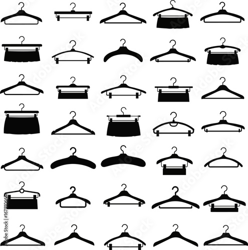 Isolated a kinds of Different 28 clothe hangar . Vector art silhouette with white background..