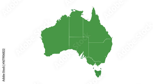 Green Australia detailed map outline, showcasing the continent's regional layout against a pristine white backdrop, isolated object geographic