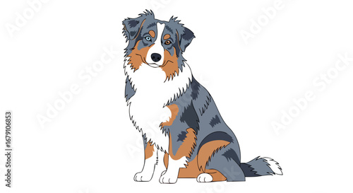 Captivating digitally stylized illustration depicting a regal Australian Shepherd canine with heterochromia, sitting attentively on a stark white