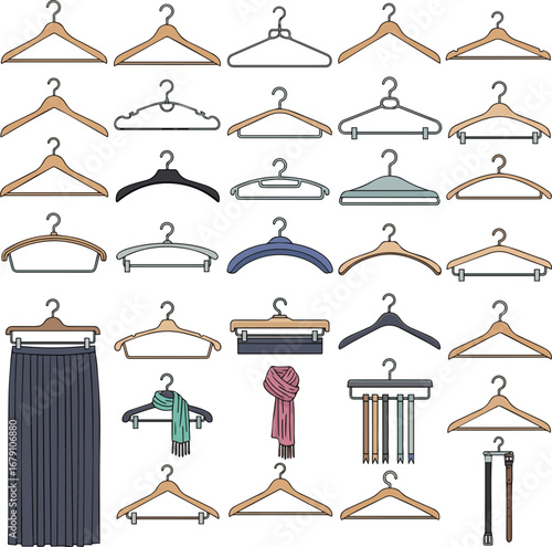 Isolated a kinds of Different 28 clothe hangar . Vector art with white background..