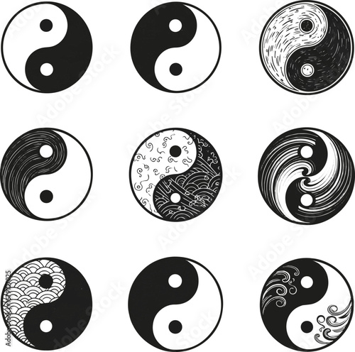Isolated a kinds of Yin Yang icon set, Yin and Yang symbol Vector art with white background..
