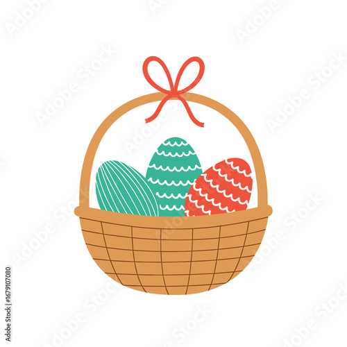 Decorative easter egg basket with festive patterned eggs and ribbon bow