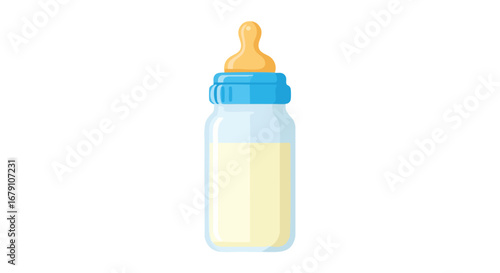 Illustration of a partially filled baby bottle with blue lid and rubber nipple, isolated on white offering concepts of infancy and care for newborns