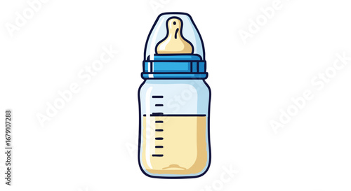 Illustration of a baby bottle with liquid content, symbolizing infant feeding and care necessities for newborns with an appealing cartoon style