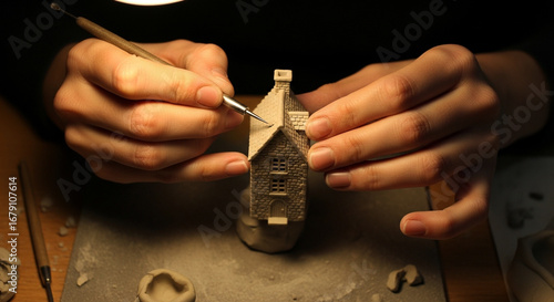 Photo of a persons hands meticulously craft a miniature stone house with a pointed roof using a sculpting tool