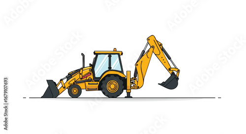 Vibrant yellow backhoe loader illustration with detailed mechanical elements and a clean, modern line art style isolated on a white backdrop