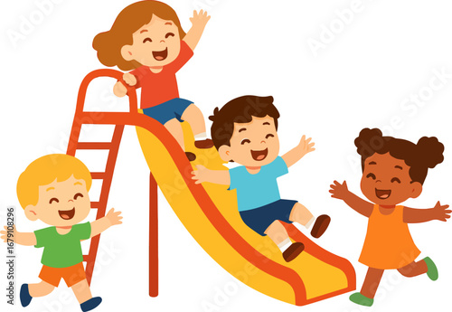Isolated a Happy kids sliding on slider equipment at playground. Toddlers group playing outdoors. Kindergarten children during fun, amusement, entertainment. Flat Vector art color with white backgroun