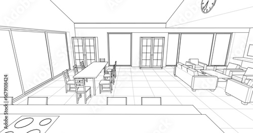 interior kitchen living room 3d illustration	
