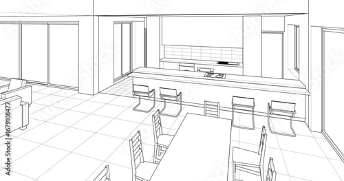 interior kitchen living room 3d illustration	
