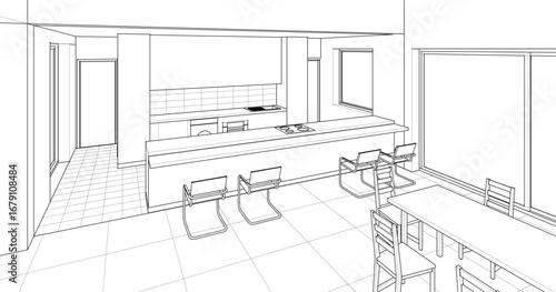 interior kitchen living room 3d illustration	
