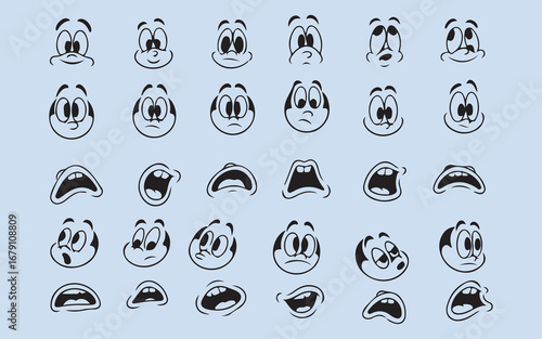 Collection of vintage cartoon character faces and mouths expressing emotions