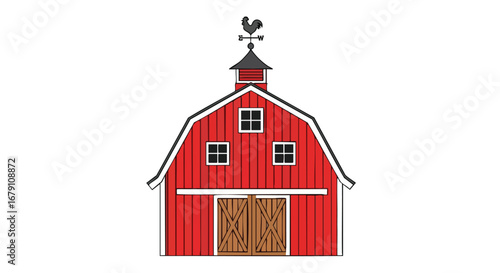 A classic red barn illustration with weather vane and wooden doors, showcasing farm architecture in a simplistic style, perfect for rural themed