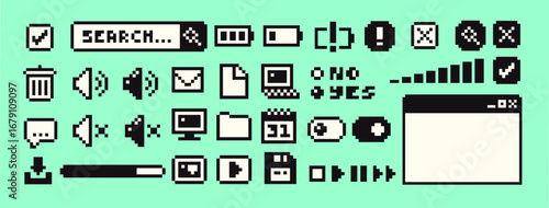 A collection of retro pixelated user interface icons. Creative digital assets for web and app design with a nostalgic 90s aesthetic for your DIY digital projects