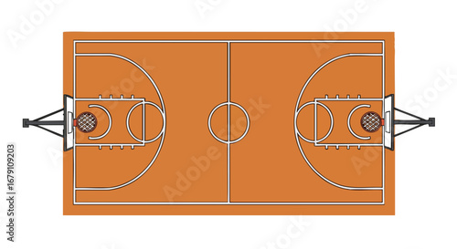 Aerial View of a Basketball Court with Vibrant Court Markings and Classic Hoop Structures, Ready for Action and Sporting Events