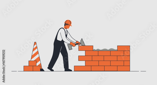 Construction Worker Building Brick Wall with Tools.