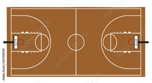 Overhead perspective illustration depicting a classic hardwood basketball court featuring typical lines and hoop structures symmetrically aligned