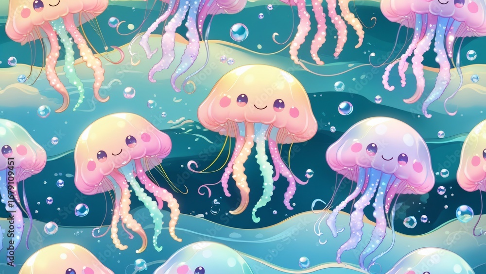 Naklejka premium Seamless cute pattern of pastel jellyfish with glowing tentacles, tiny bubbles, dreamy kawaii ocean design