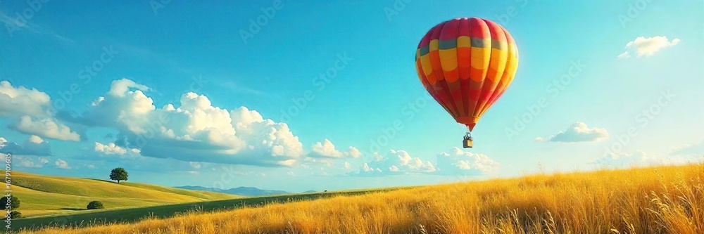 Fototapeta premium A whimsical hot air balloon floats serenely against a vibrant blue sky, casting a long shadow on the landscape below Perfect for travel, adventure, freedom concepts , perspective, scenic