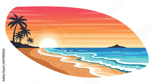 Vibrant beach sunset scene with palm trees, waves, and distant island silhouette against a colorful sky illustration evoking tropical paradise and