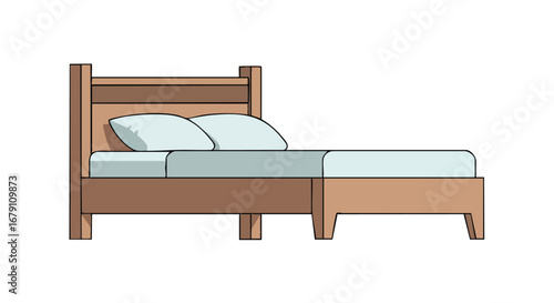 Stylized illustration portraying a minimalist wooden bed frame with light blue linens and pillows in a clean design suitable for various interior