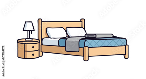 Cartoon illustration showcasing a bedroom scene with bed, nightstand and lamp, offering a cozy and restful vibe for design applications or creative