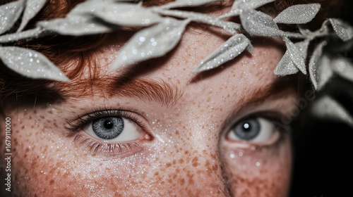 Close-up on face with clear blue eyes and red hair. Person with delicate silver leaf crown. Skin is speckled with freckles and glitter.