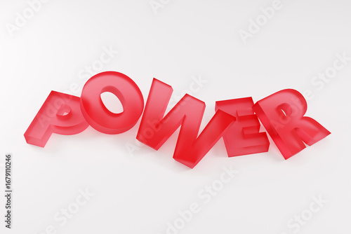 Luxury red inscription power on grey podium, soft light, smooth background, 3d rendering
