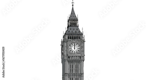 Iconic symbol of London, the Elizabeth Tower and its majestic clock face against a crisp white backdrop, capturing timeless architecture