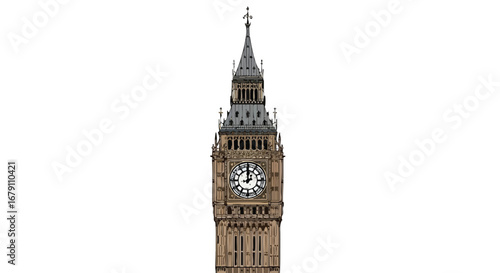 Iconic Tower Landmark: Detailed View of a Classic Clock Tower Against a White Background isolated representing british heritage