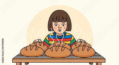 Young Baker Amazed By Freshly Baked Loaves Creating A Delightful Sensation