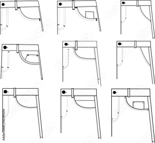 Jeans font Pocket Technical Sketch Set vector design