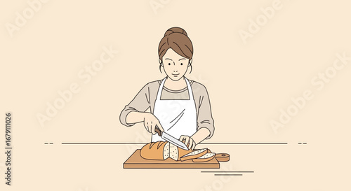 Woman Slicing Fresh Homemade Bread On Wooden Board in Kitchen, Minimalist Illustration