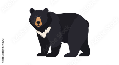 Stylized illustration of an Asiatic black bear, showing its distinctive crescent marking and powerful build portrayed against a clean white backdrop