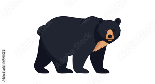 Majestic cartoon black bear illustration standing against pristine white backdrop, wildlife icon for educational material and decor needs