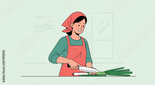 Woman Slicing Fresh Leeks at a Kitchen Counter, Preparing Food for a Meal
