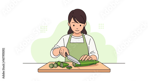 Woman Slicing Fresh Okra: Culinary Art in Green and Beige Tones to Inspire Cooking