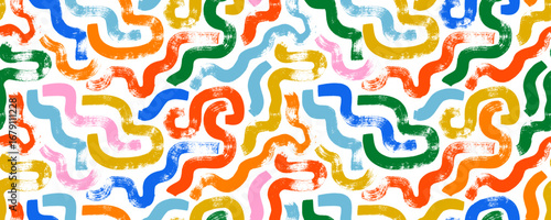 Funky colorful bold squiggles seamless pattern. Street art motif geometric background.