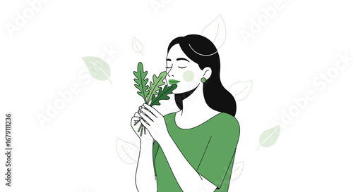 Woman Smelling Fresh Greens Depicting Tranquility and Natural Harmony