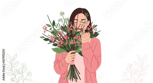 Woman Smelling Flowers: A Digital Illustration of Delight And Floral Aromas